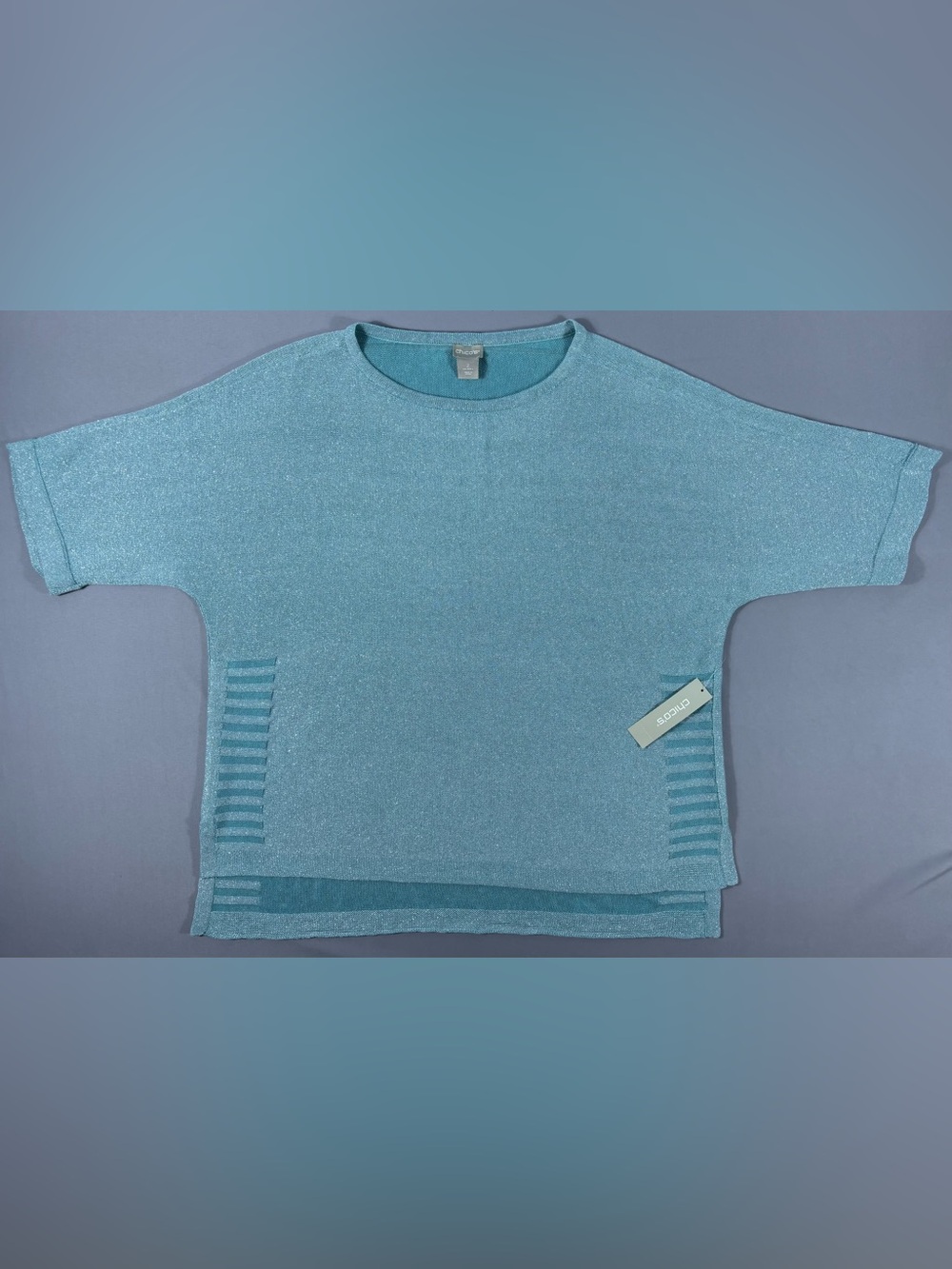 Chico’s Shimmer Linen Blend Dolman Sweater Women’s Large Aqua NWT